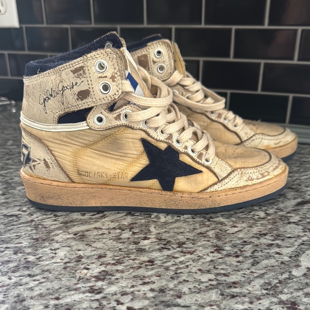 Golden Goose Beige and Navy High-Tops with Star Accent